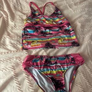 Girls' Pink Tropical Stripe Swim Bikini Set